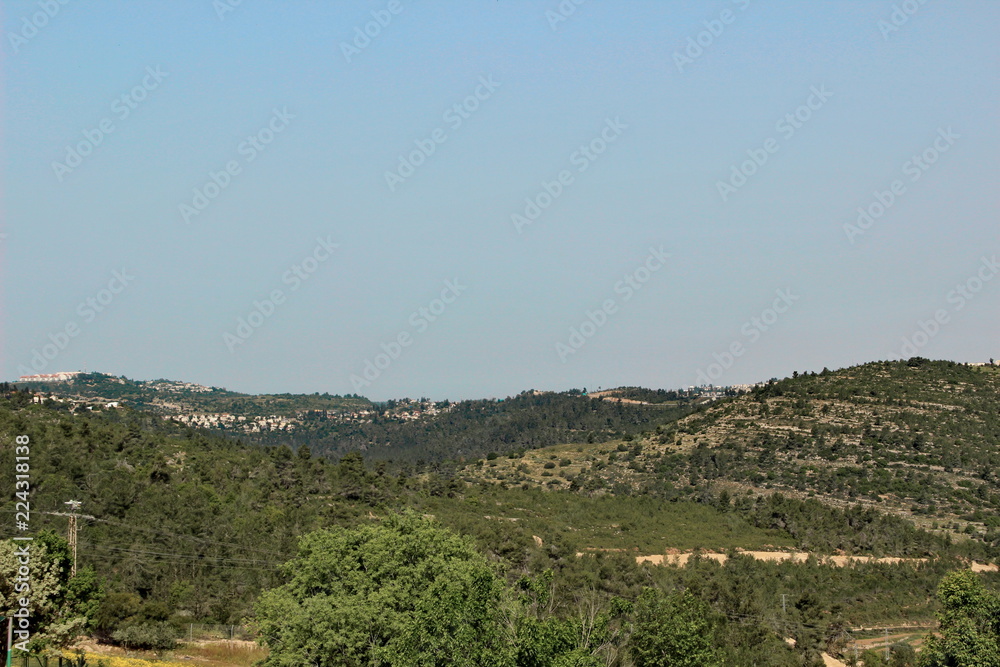 Green mountains with settlements near Jerusalem, Israel