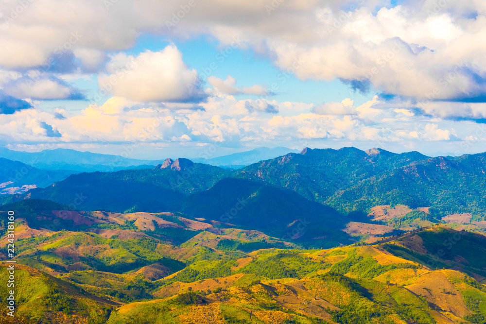 Beautiful  landscape view of hill and  mountain with cloud sky.