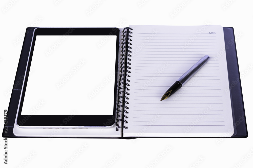 Digital tablet with blank white screen, notebook and pen isolated on white background. Business plan in concept. Digital tablet with blank white screen, notebook and pen isolated on white background. Business plan in concept.