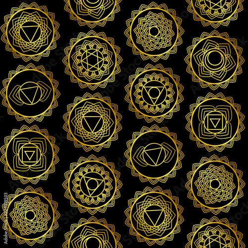 Mandala, seamless tribal pattern indian medallion, kaleidoscope. Background bohemian, decorative ornament element. Yoga vector design. 7 chakra mandalas.