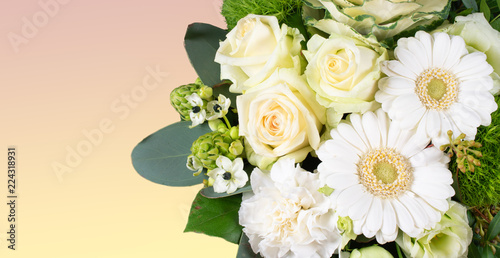 Flower bouquet. White modern and special arrangement of flowers isolated on pink background with empty space.
