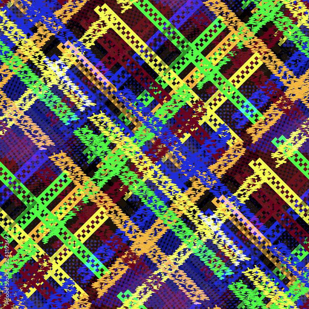 Seamless pattern patchwork design. Mixed print with tartan lines. Watercolor effect. Suitable for bed linen, leggings, shorts and fashion industry.