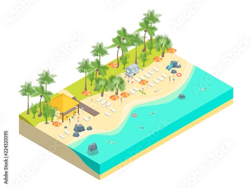 Beach Rest Concept 3d Isometric View. Vector