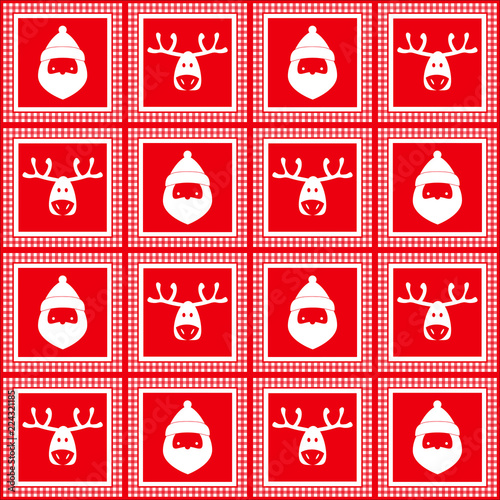 Vector seamless checkered pattern, new year, christmas, silhouettes of deers, santa claus, paper wrapper pattern, wrappers