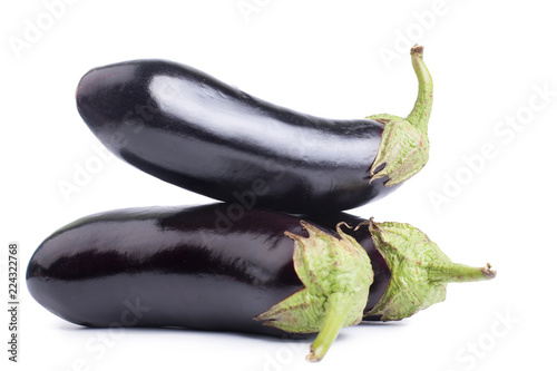 Three eggplants on white background closeup isolated 