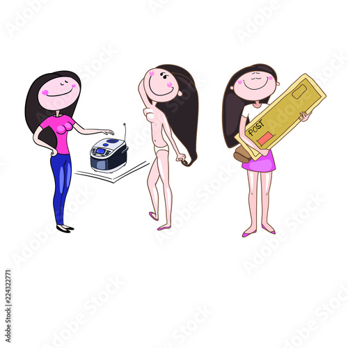 Set of color vector drawings, everyday female affairs