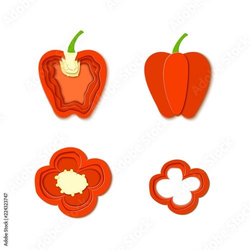 Set of paper cut red pepper. Vector paper cut design in the form of whole and slice pepper for design of food packaging. Vector illustration. Paper art style paprika. Origami concept