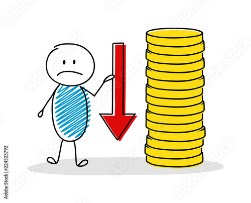 Hand drawn cartoon person with coin stack. Vector.