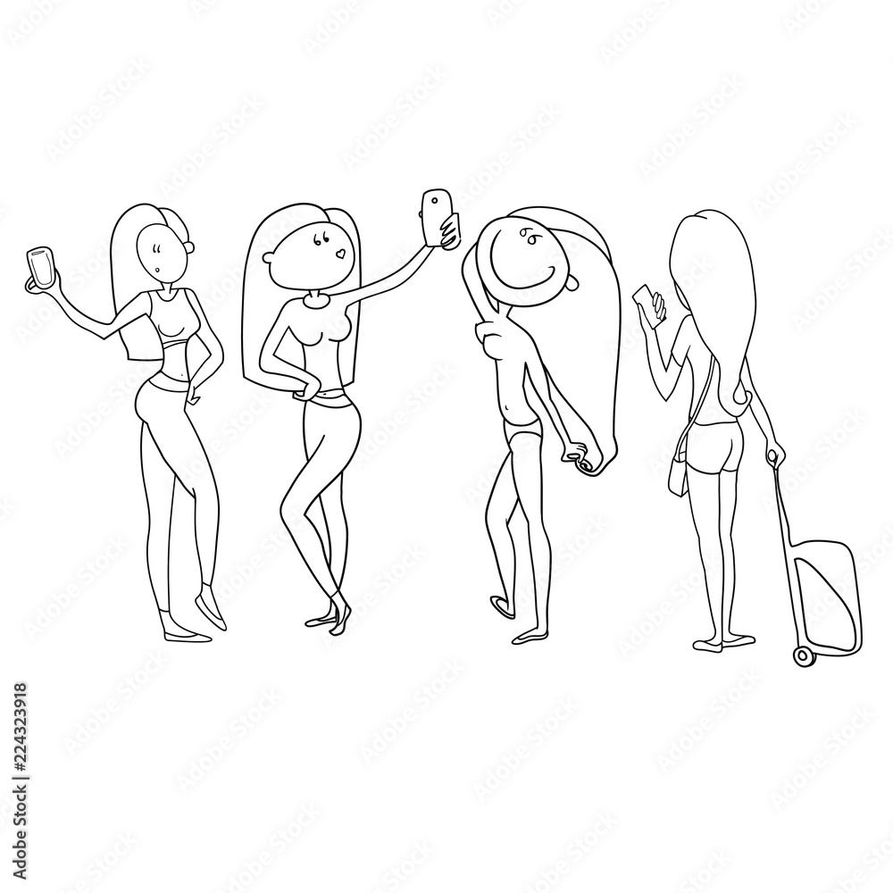 Illustrations, contour drawing of girls, favorite activities