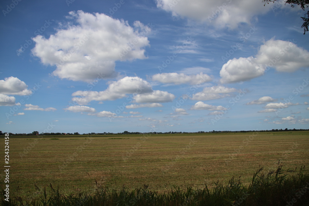 Big cumulus clouds above the meadows and fields of the Zuidplaspolder in the Netherlands.