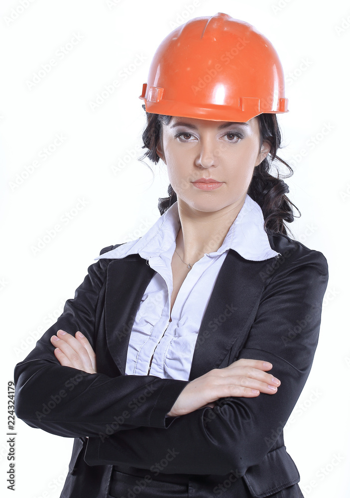 business woman engineer in red protective helmet. isolated on white background business woman engineer in red protective helmet. isolated on white background