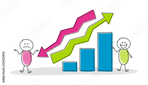 Business pictogram with cartoon stickmen showing column graph. Vector.