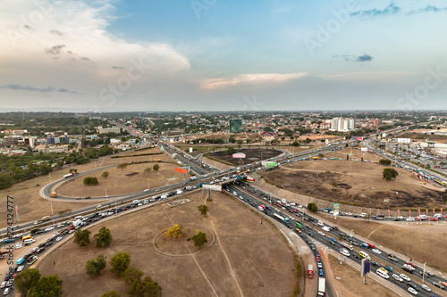 High view point cityscape of Accra, Ghana. Traffic jam on the Tetteh 