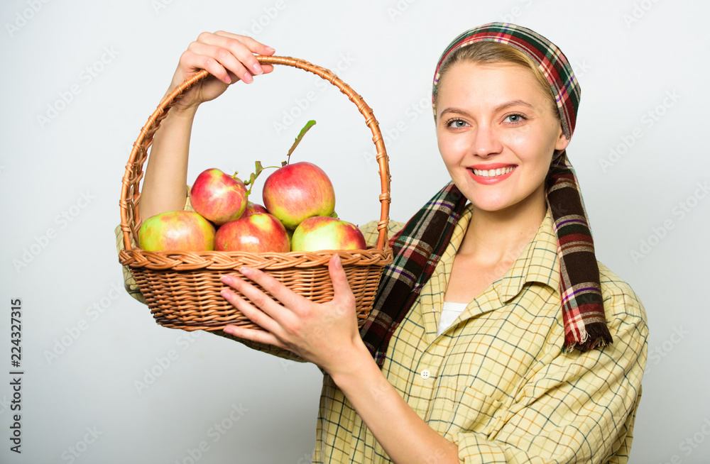 Woman cheerful carry basket with natural fruits. Woman gardener rustic style hold basket with apples harvest on light background. Natural gifts concept. Lady farmer or gardener proud of her harvest Woman cheerful carry basket with natural fruits. Woman gardener rustic style hold basket with apples harvest on light background. Natural gifts concept. Lady farmer or gardener proud of her harvest