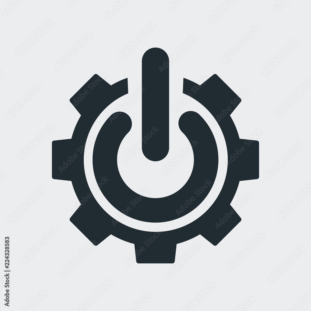 Icono plano engranaje con símbolo start en fondo gris Icono plano engranaje con símbolo start en fondo gris