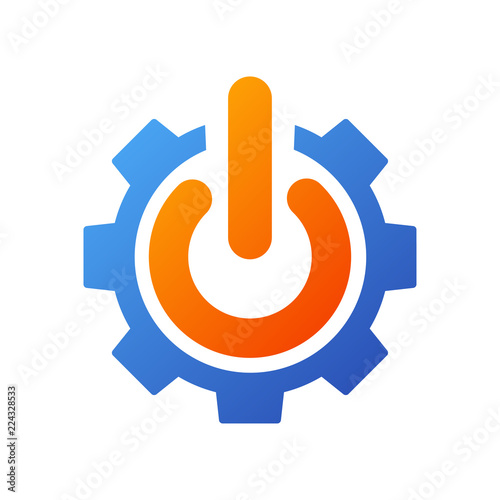 Icono plano engranaje con símbolo start en azul y naranja