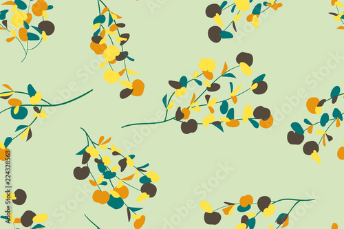Bright Floral Seamless Pattern. Vector Eucalyptus Leaves and Beautiful Blossom Elements. Colorful Botanical Summer Background. Floral Seamless Pattern for Wedding Design, Print, Textile, Fabric, Paper