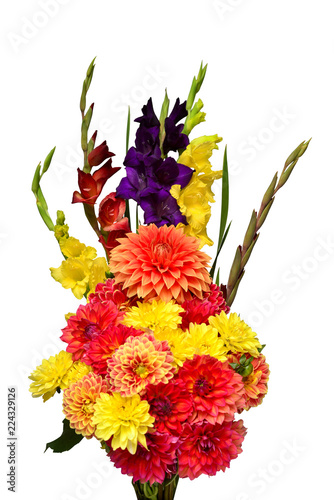 Fototapeta Naklejka Na Ścianę i Meble -  Beautiful delicate bouquet of dahlia and gladiolus flowers isolated on white background. Floral pattern, object. Nature concept. Flat lay, top view
