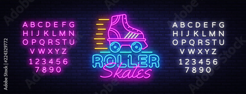 Roller Skates Neon Sign Vector. Retro quad roller skates neon logo, design template, modern trend design, night neon signboard, night bright advertising, light banner. Vector. Editing text neon sign