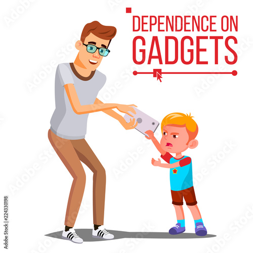 Children s Gadget Dependence Vector. Father Takes Smartphone From Son. Internet Addiction. Isolated Cartoon Illustration