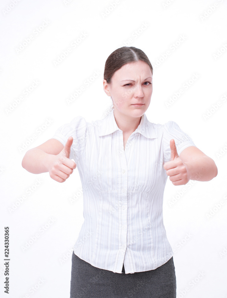 young woman employee showing showing thumbs up young woman employee showing showing thumbs up