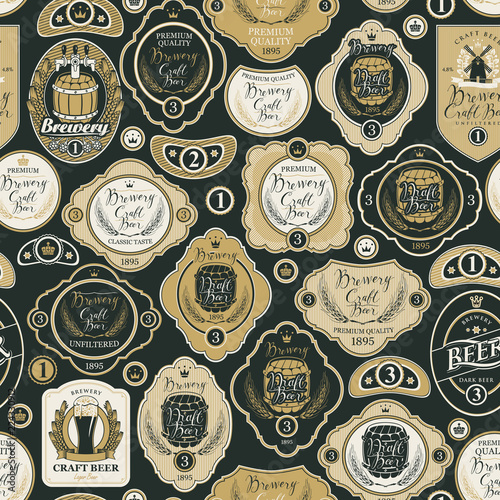 Vector seamless pattern on the theme of beer with various beer labels with images of wooden barrels, ears of barley, beer glasses, mills and other in retro style on black background