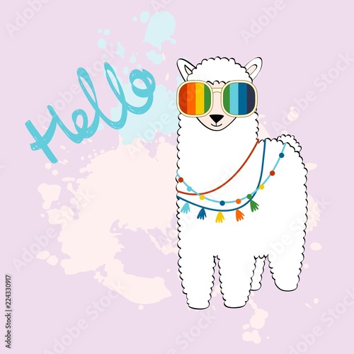 Hand drawn card with llama with glasses.