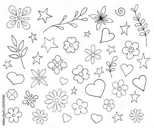Set of different flowers, plants, hearts. Vector illustration in the style of doodle
