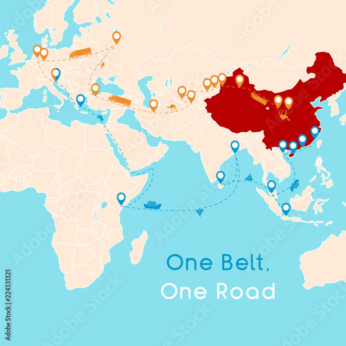  One Belt One Road new Silk Road concept. 21st-century connectivity and cooperation between Eurasian countries. Vector illustration