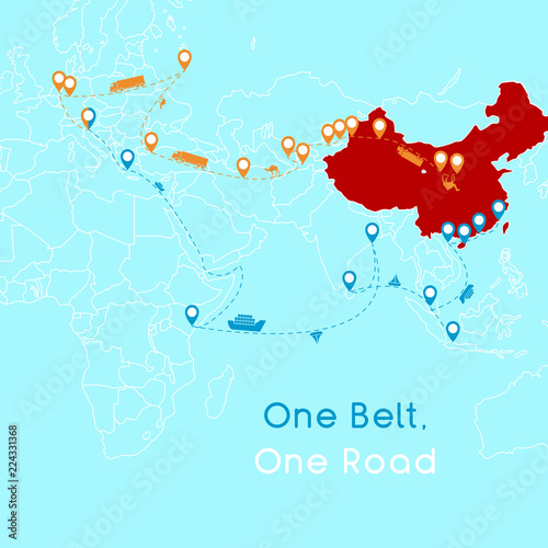 One Belt One Road new Silk Road concept. 21st-century connectivity and cooperation between Eurasian countries. Vector illustration