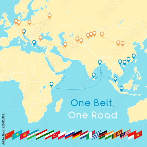  One Belt One Road new Silk Road concept. 21st-century connectivity and cooperation between Eurasian countries. Vector illustration