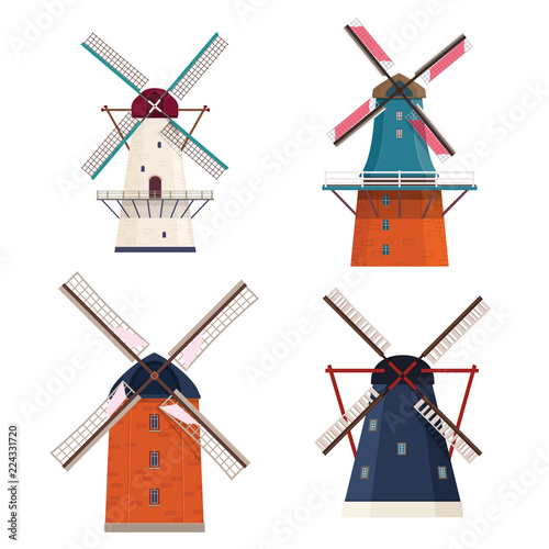 Set of traditional rural windmill on white background. 