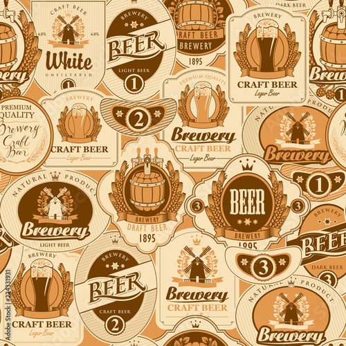 Vector seamless pattern on the theme of beer with various beer labels with images of wooden barrels, beer glasses, mills, laurel wreathes, ears of wheat and other in retro style on light background