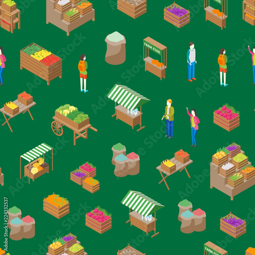 Farm Local Market Seamless Pattern Background 3d Isometric View. Vector
