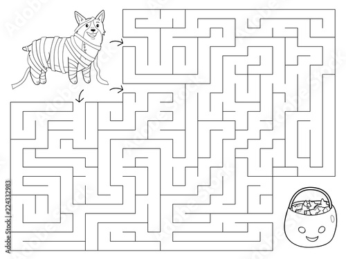 Halloween maze game for children. Coloring page. Welsh Corgi dressed up as a mummy. Trick or treat. Preschool education. Vector illustration.