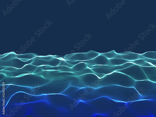 Abstract landscape. Wave surface of particles. Blue background. Digitall illustration.
