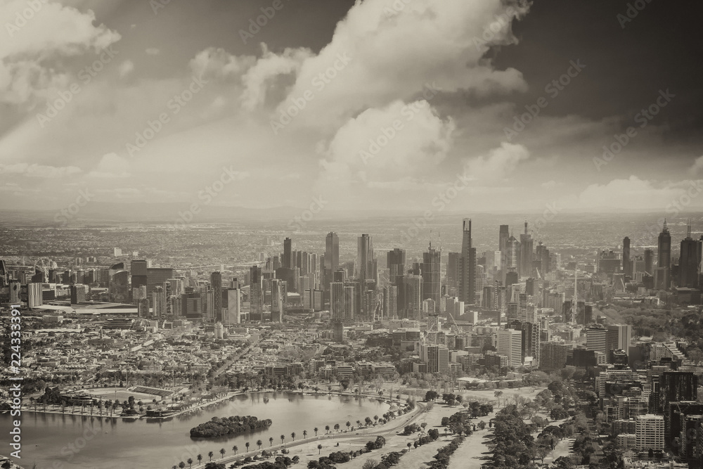 Melbourne aerial city view with Albert Park and skyscrapers