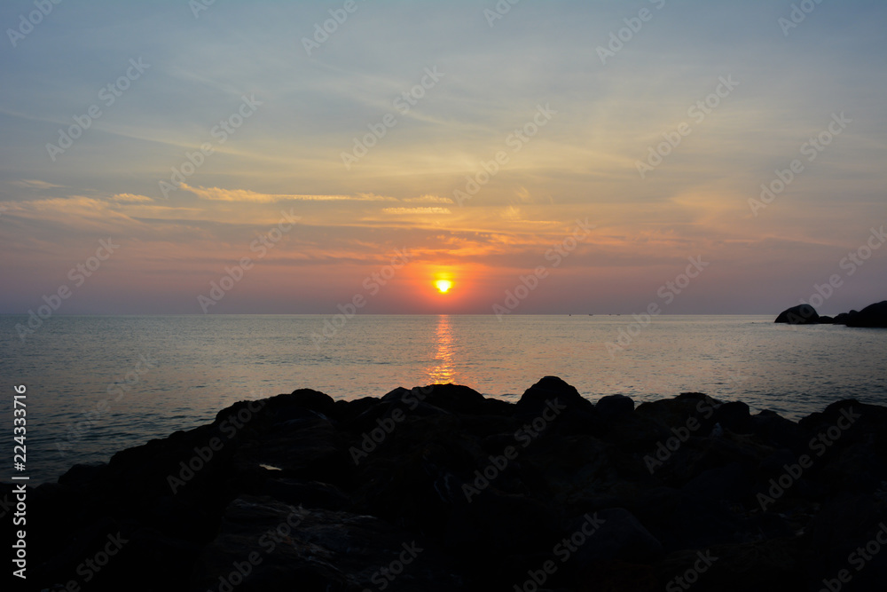 Beautiful blazing sunset landscape at sea, Amazing summer sunset view on the beach, Tropical Thailand island.
