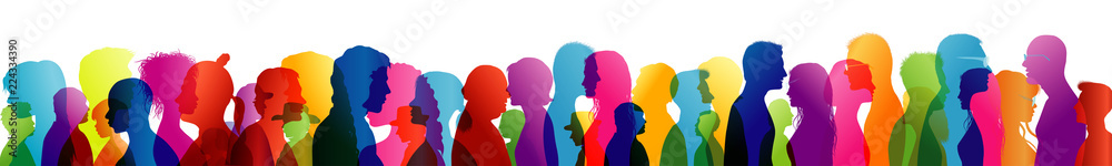 Talking crowd. Dialogue between people. Colored silhouette profiles. People talking. Multiple exposure