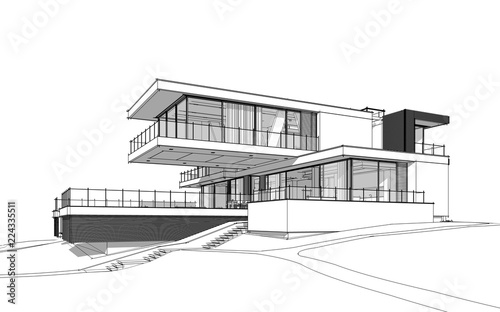 3d rendering sketch of modern cozy house by the river with garage for sale or rent. Black line sketch with soft light shadows on white background