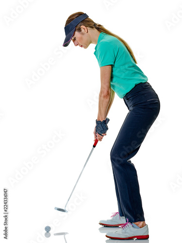 one caucasian woman woman golfer golfing in studio isolated on white background