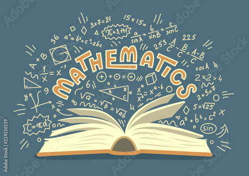 Mathematics. Open book with math doodles with lettering. Education vector illustration. photo