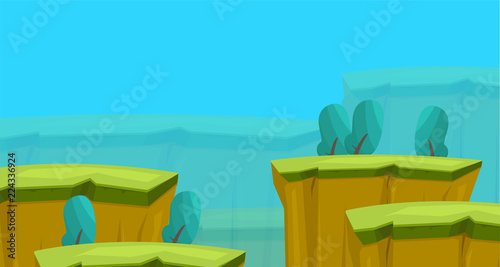 Platformer game design set, nature wood meadow, seamless layered parallax effect ready background, platforms for jumping, bonus items and decoration.