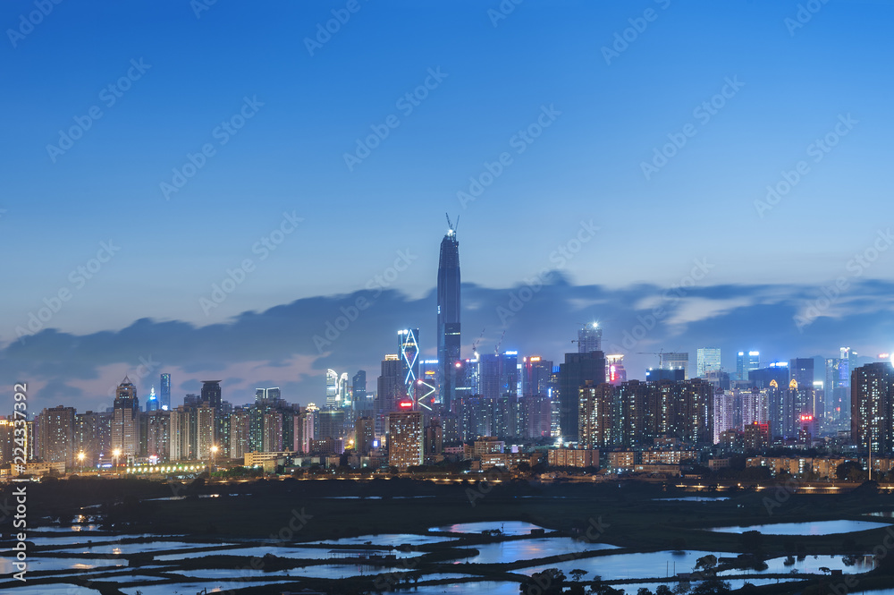 Fototapeta premium Skyline of Shenzhen City, China at twilight. Viewed from Hong Kong border
