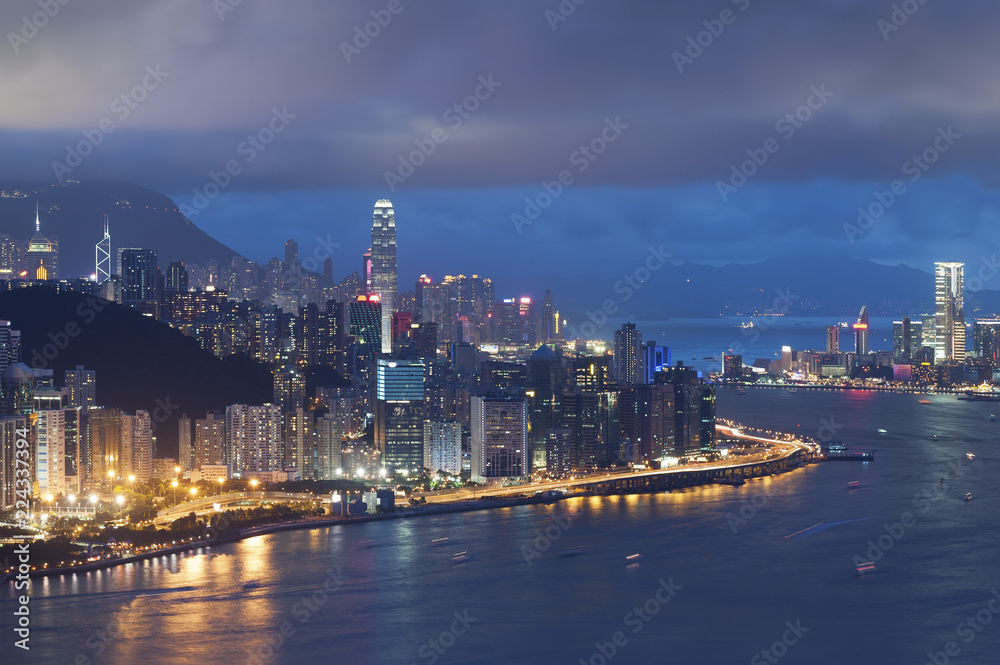 Panorama of Victoria Harbor of Hong Kong at night