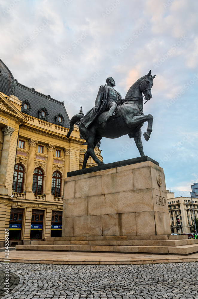 King Carol the 1st statue in Bucharest, morning light