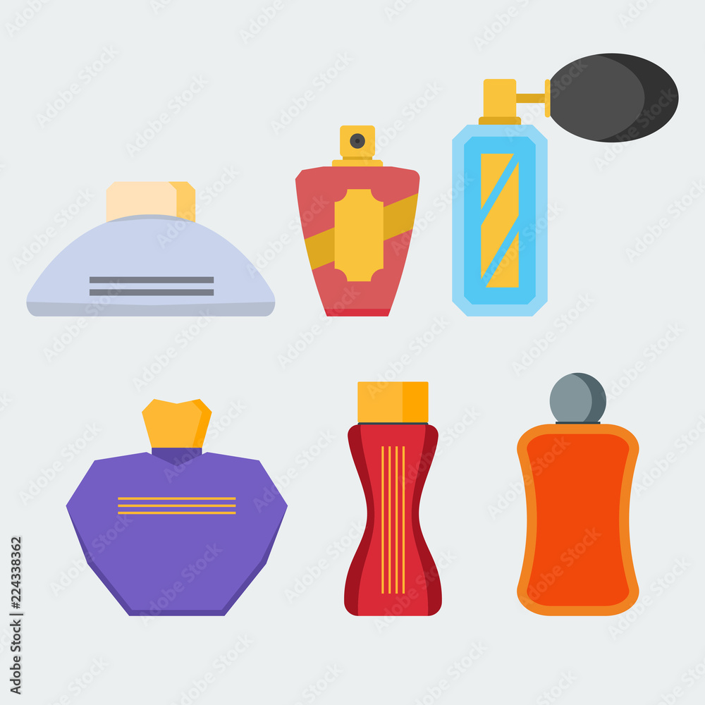 Set of icons of perfumes. Set of perfumes in a flat style for printing, web design or other application. Set of icons of perfumes. Set of perfumes in a flat style for printing, web design or other application.