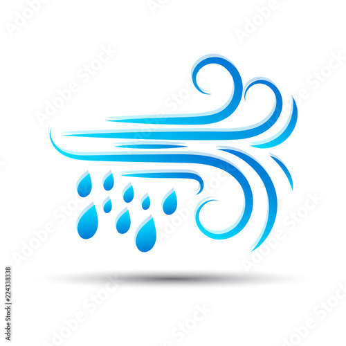 Vector illustration of a wind with raindrops. Meteorology, weather icon.