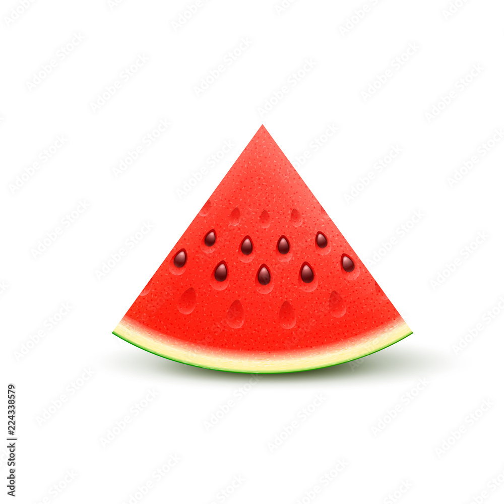 Watermelon sliced fruit juicy piece of cut isolated on white background. Vector realistic wedge of fresh ripe sweet watermelon fruit. 3d realistic icon Watermelon sliced fruit juicy piece of cut isolated on white background. Vector realistic wedge of fresh ripe sweet watermelon fruit. 3d realistic icon
