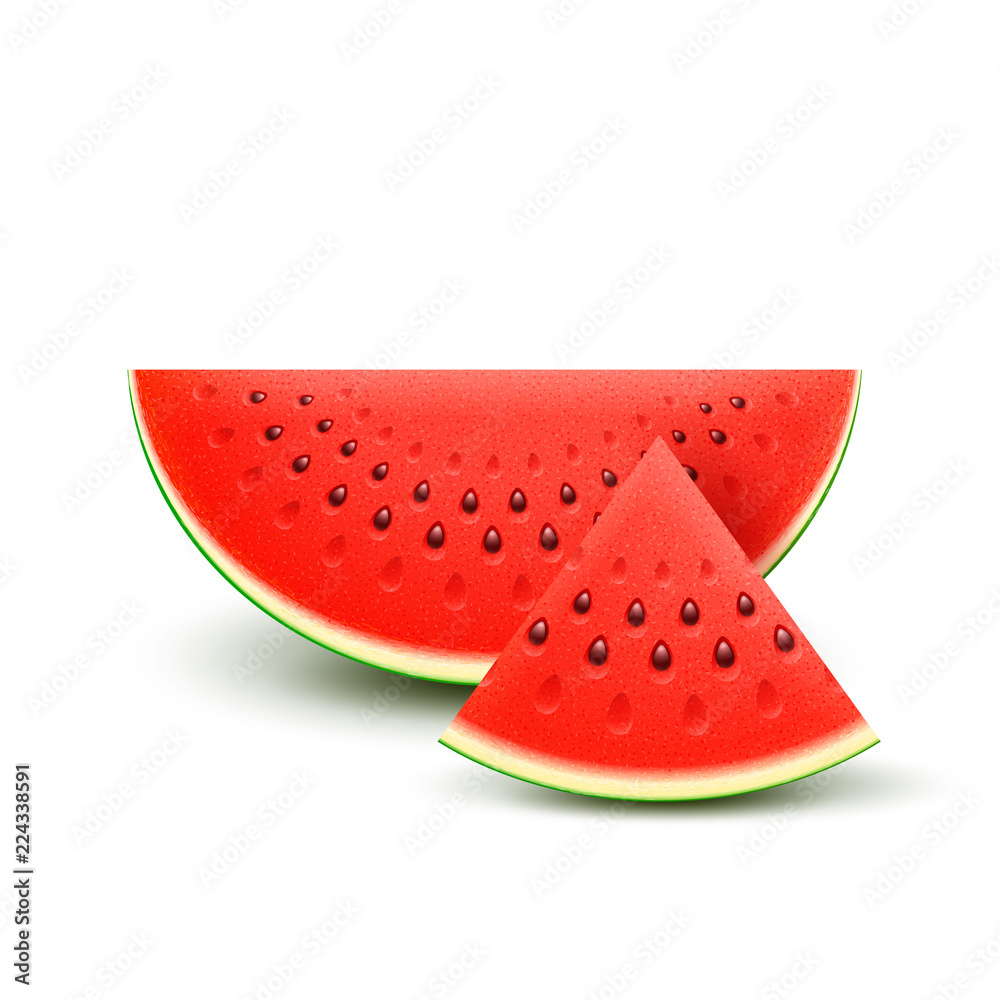 Watermelon sliced fruit juicy pieces isolated on white background. Vector realistic slice of fresh ripe sweet watermelons fruit icon Watermelon sliced fruit juicy pieces isolated on white background. Vector realistic slice of fresh ripe sweet watermelons fruit icon
